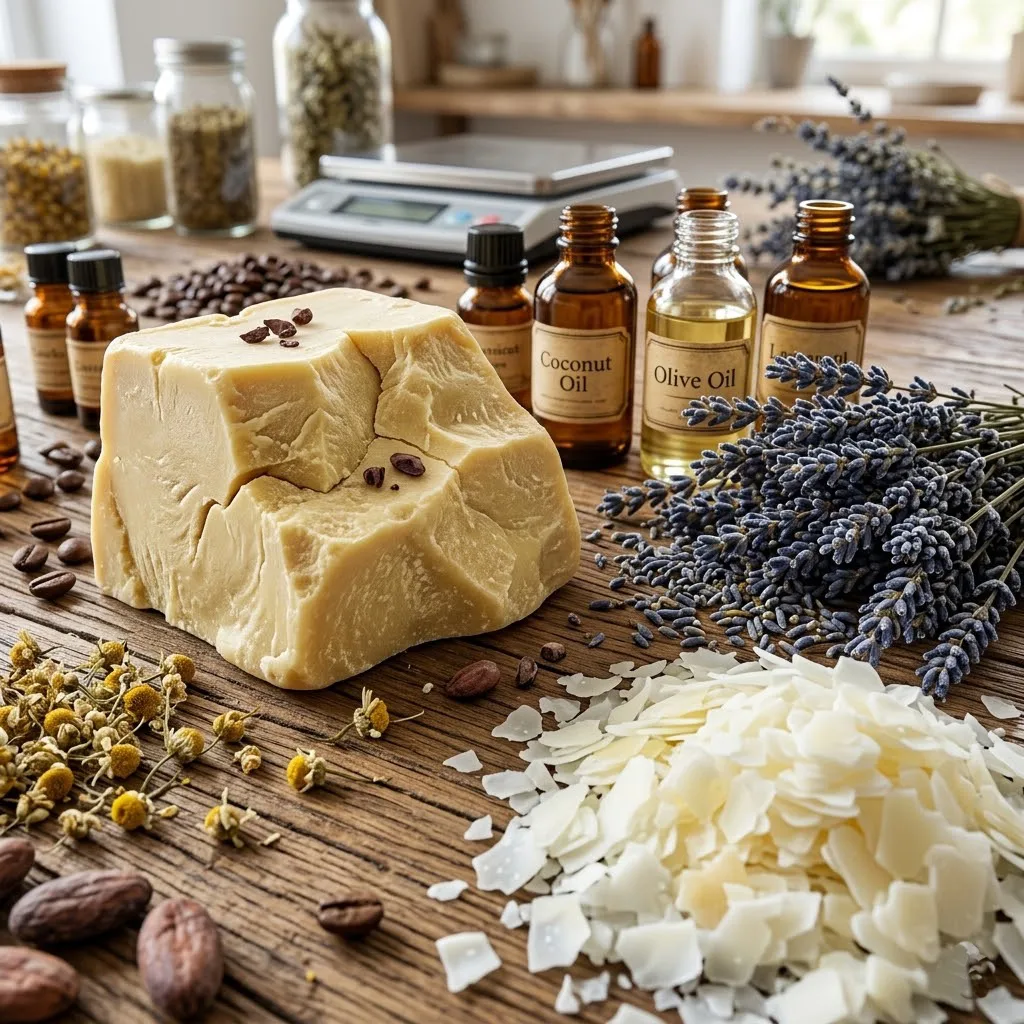 Primer plano fotorrealista de ingredientes naturales de alta calidad: bloques de manteca de cacao, aceites en frascos de vidrio, flores de lavanda secas y escamas de cera de soja sobre una mesa de madera rústica.