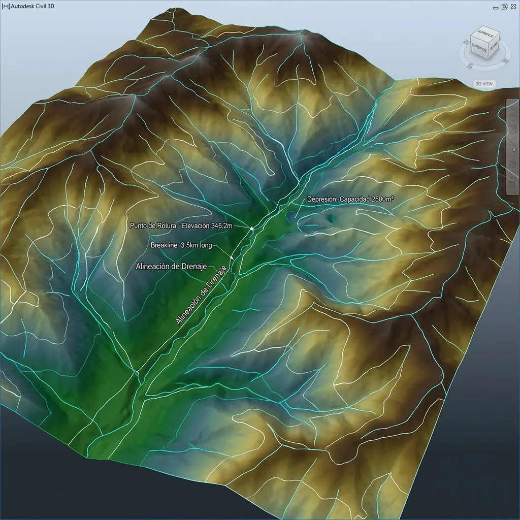 Representación tridimensional de una superficie topográfica en Civil 3D con sombreado de elevación y líneas de rotura aplicadas para un diseño de drenaje preciso.