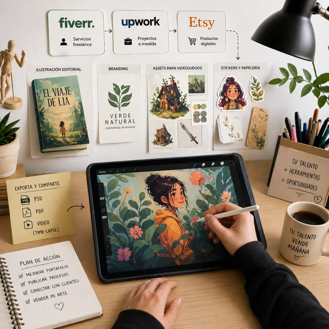 Espacio de trabajo de artista digital usando tablet con ilustración en proceso, mostrando oportunidades de monetización como ilustración editorial, branding, assets para videojuegos y venta de productos digitales