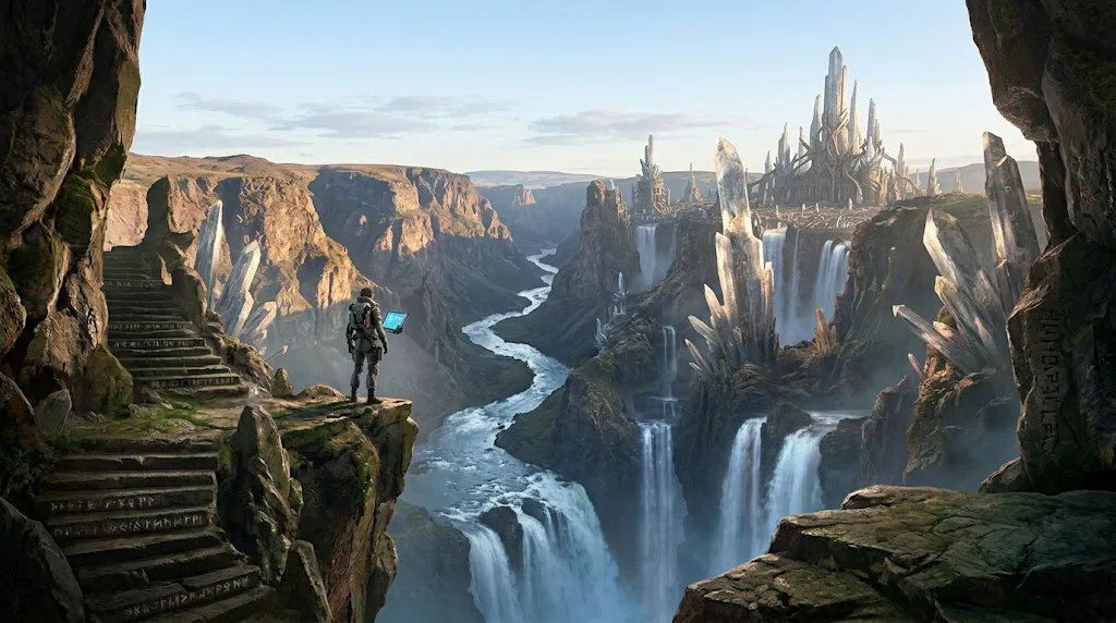 Una vista panorámica fotorrealista de un vasto cañón natural con un río serpenteante y grandes cascadas. En el horizonte, se integra una ciudad de arquitectura orgánica y agujas de cristal que emergen de los acantilados. En primer plano, un explorador solitario observa la escena desde un precipicio rocoso con escaleras antiguas talladas, mientras sostiene un dispositivo digital. La iluminación es de día claro con texturas de roca y agua detalladas