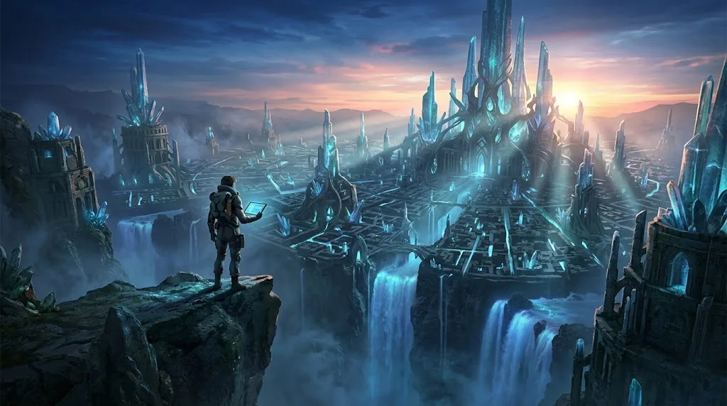 Una impresionante vista panorámica a vista de pájaro de una colosal y antigua ciudad cristalina incrustada en un vasto y brumoso cañón en la hora dorada. Un solitario explorador con equipo tecnológico técnico, de pie en un precipicio rocoso en primer plano, mira hacia la metrópolis, que se fusiona orgánicamente con estructuras de piedra y cascadas que brillan con luz azul. El diseño es intrincado, como un circuito digital o un laberinto mítico, bañado en luz cálida del amanecer que atraviesa la niebla volumétrica.