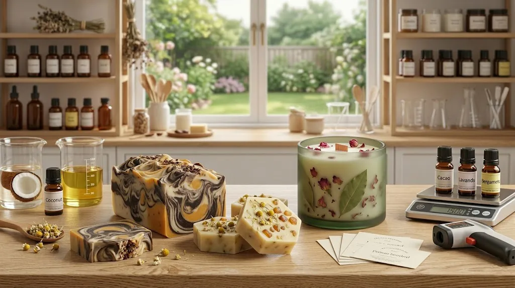Primer plano fotorrealista de un puesto de mercado de artesanías profesional y elegante. Se exhiben jabones artesanales con texturas naturales de café y lavanda, junto a velas de soja decoradas con flores secas en frascos de vidrio ámbar, todo presentado con un packaging minimalista y etiquetas personalizadas para la venta.