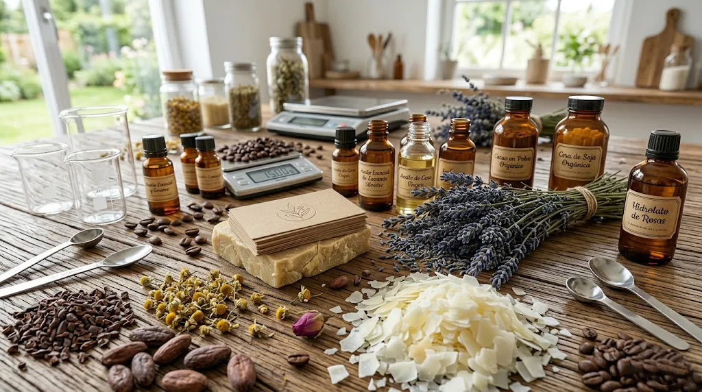 Un banner de blog horizontal fotorrealista que muestra una vista detallada y organizada de ingredientes y herramientas de alta calidad para hacer velas y jabones. Se ven botellas de aceites con etiquetas en español, como 'Aceite de Coco Virgen' y 'Aceite Esencial Mandarina y Geranio', junto a pilas de cera de soja, cacao en polvo, lavanda seca, granos de café y chamomile. Un bloque de cocoa butter crudo con tarjetas de marca minimalistas es el foco central, en una mesa de madera rústica con una ventana soleada al fondo. Esta imagen representa la calidad y profesionalismo que se enseña en el curso.