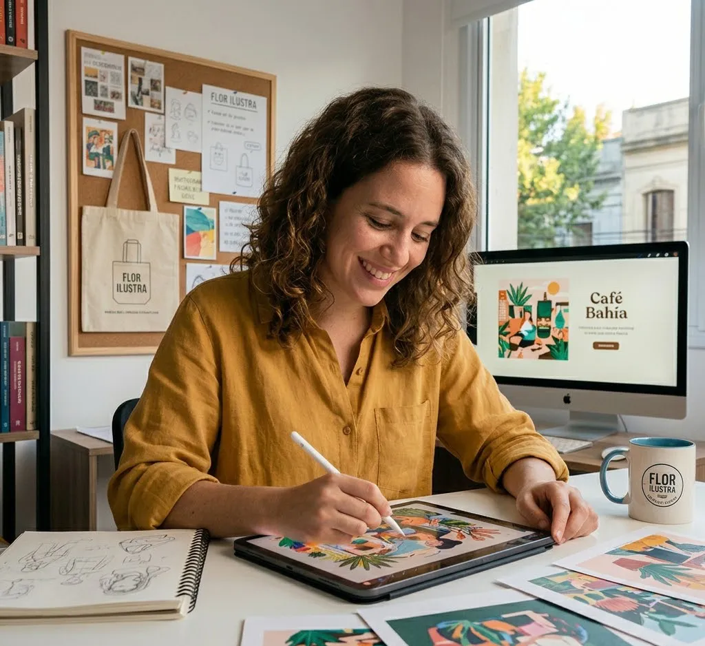 Ilustradora en su estudio creativo usando Procreate en el iPad para diseñar una campaña de marketing moderna, representando la importancia de la ilustración digital original sobre las imágenes de stock genéricas.