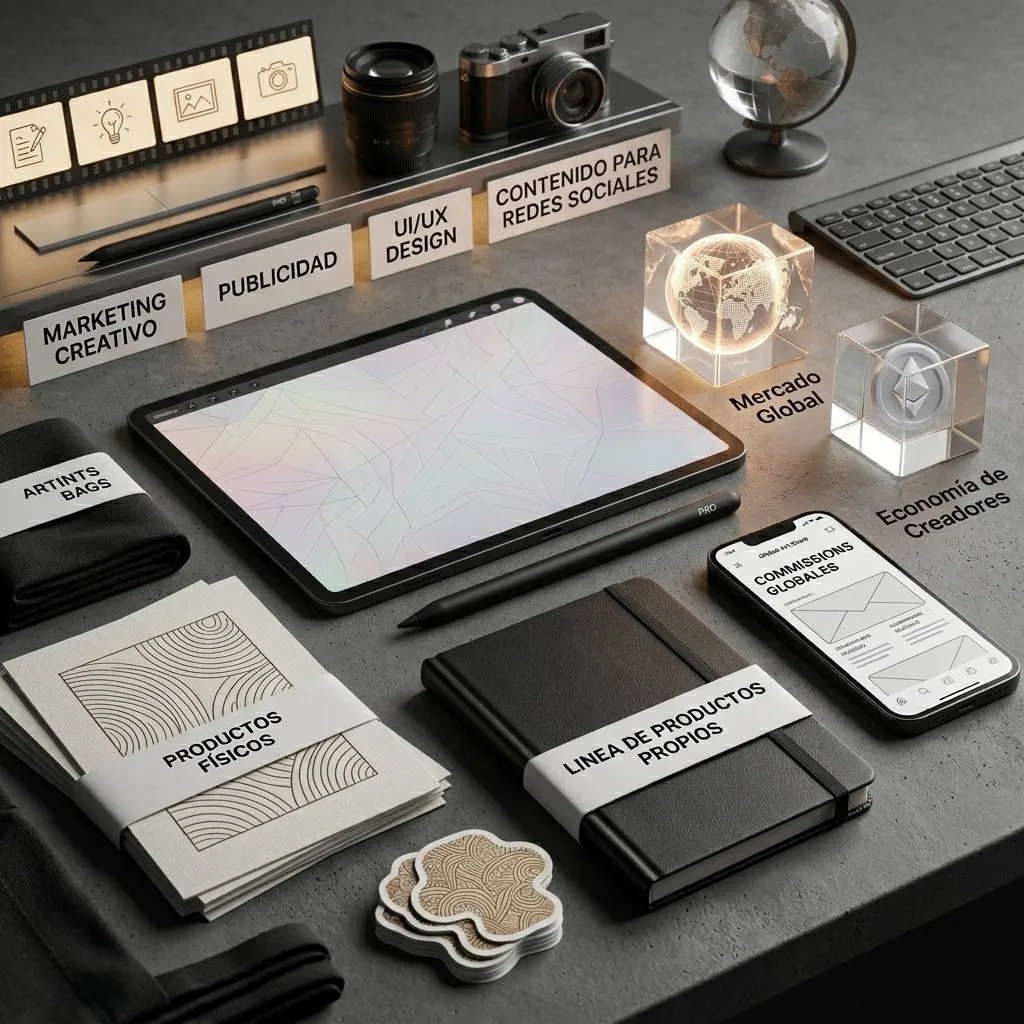 Bodegón moderno y artístico que muestra un iPad Pro junto a productos físicos como libretas, stickers y bolsas de tela personalizadas, rodeado de elementos conceptuales de marketing digital, diseño UI/UX y mercado global.