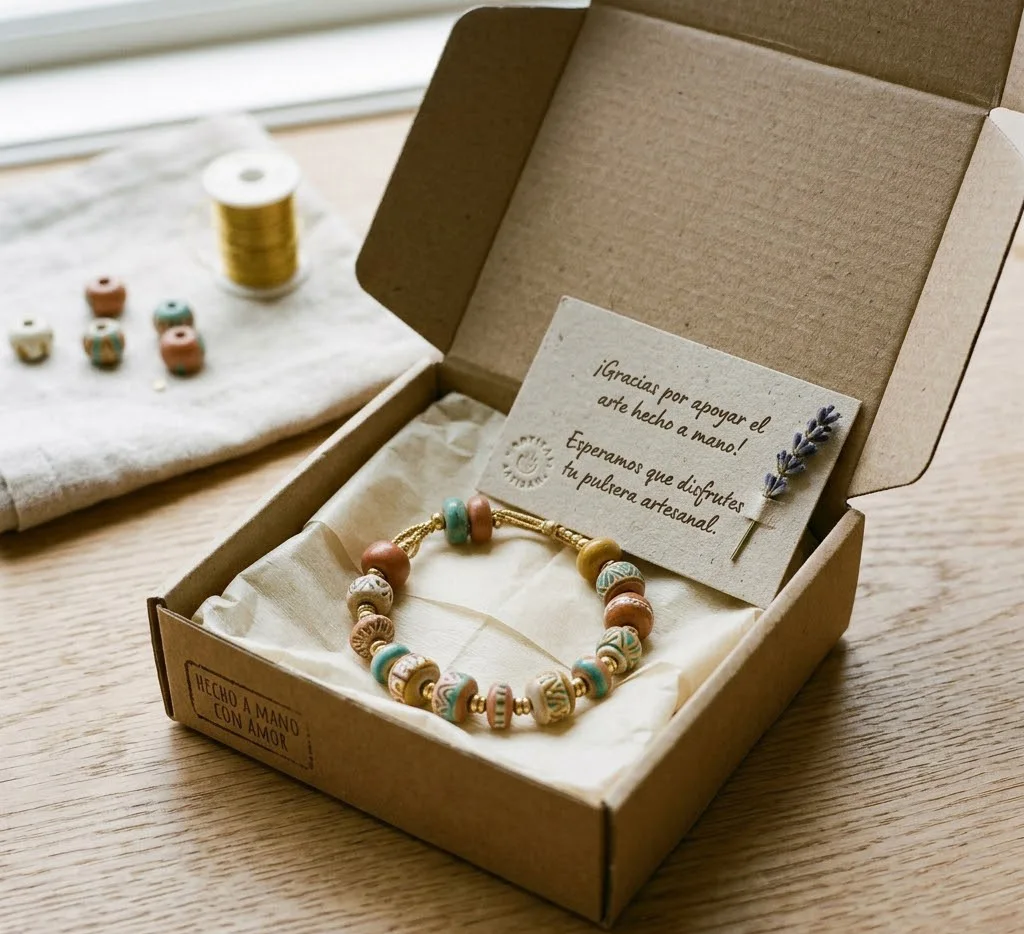 Presentación final de una pulsera artesanal dentro de una caja de cartón ecológico con papel seda y una tarjeta de agradecimiento personalizada.