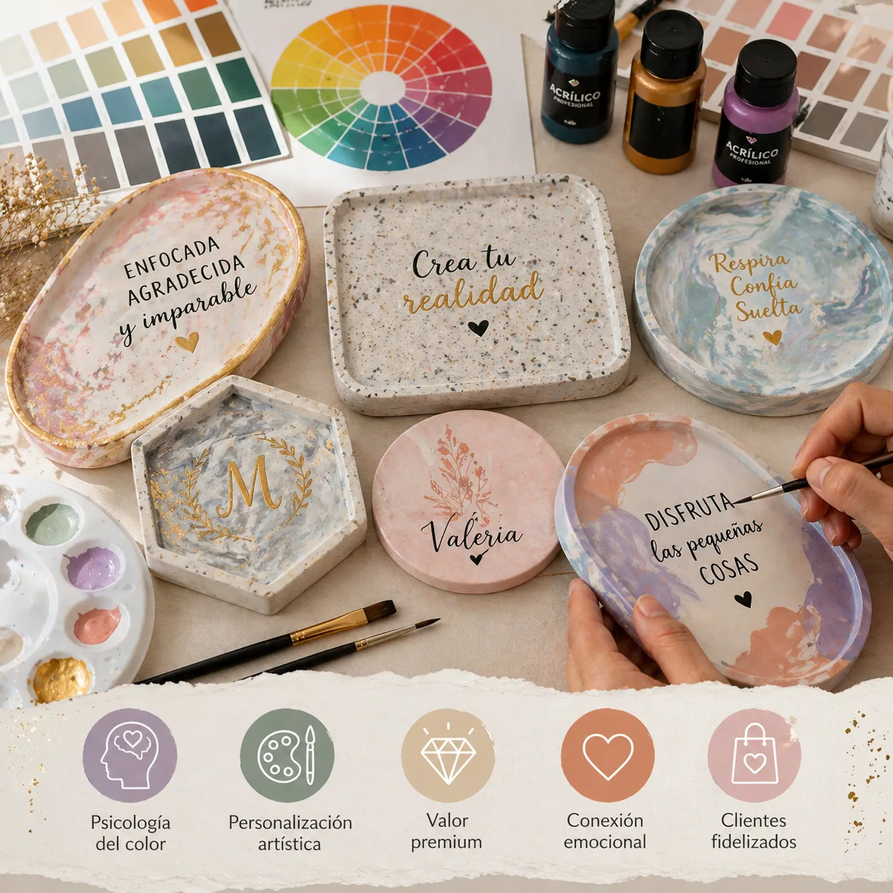 Composición colorida de piezas decorativas de concreto pintadas a mano con acrílicos, incluyendo bandejas y posavasos personalizados, acompañadas de paletas de colores y herramientas de pintura, representando la personalización artística y el uso del color.