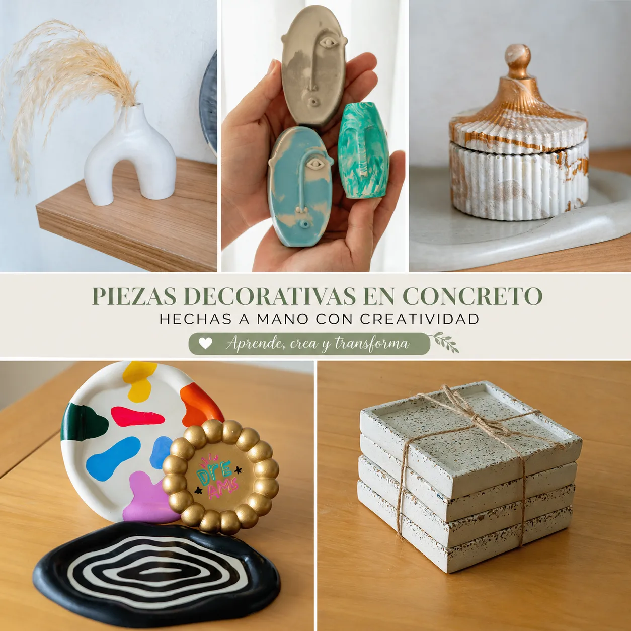 Collage de piezas decorativas de concreto hechas a mano, incluyendo jarrón moderno con flores secas, figuras artísticas, recipiente con tapa, bandejas pintadas y posavasos, mostrando variedad de diseños que se pueden crear en el curso.