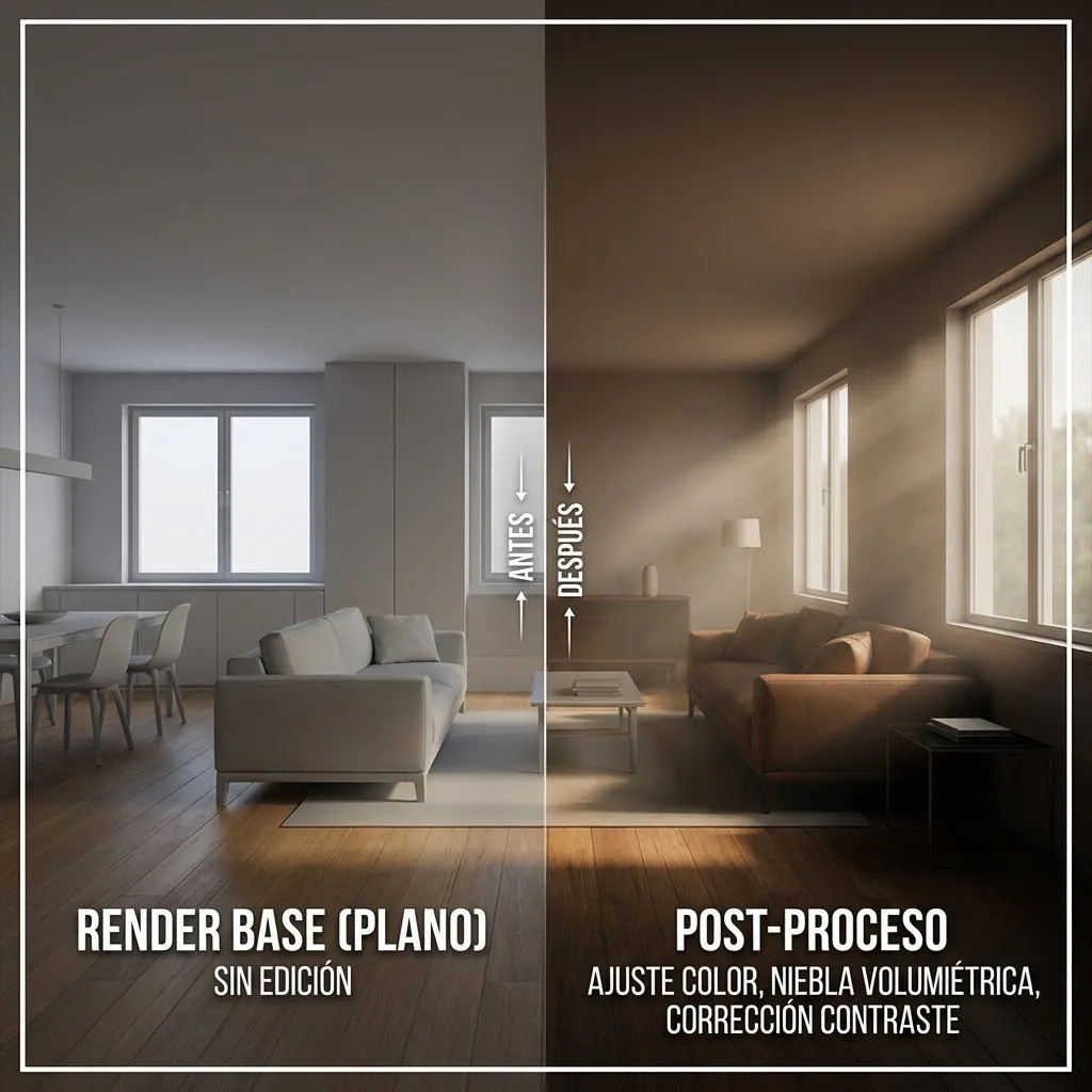Una captura de pantalla dividida que muestra a la izquierda un render base plano y a la derecha el mismo render tras aplicar capas de ajuste de color, niebla volumétrica y corrección de contraste en software de edición.