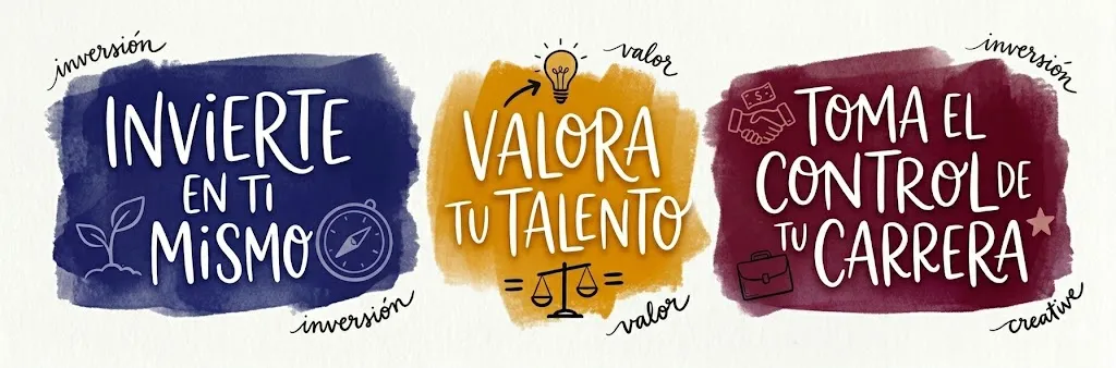 Banner con diseño de pinceladas artísticas en azul, ocre y borgoña con el texto: Invierte en ti mismo, valora tu talento y toma el control de tu carrera.