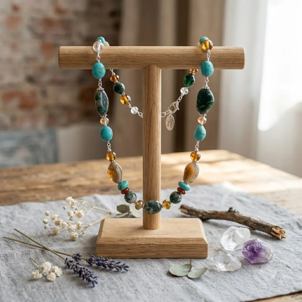 Una pieza de bisutería fina expuesta en un soporte de madera minimalista, rodeada de elementos naturales como flores secas, destacando el acabado profesional del diseño.