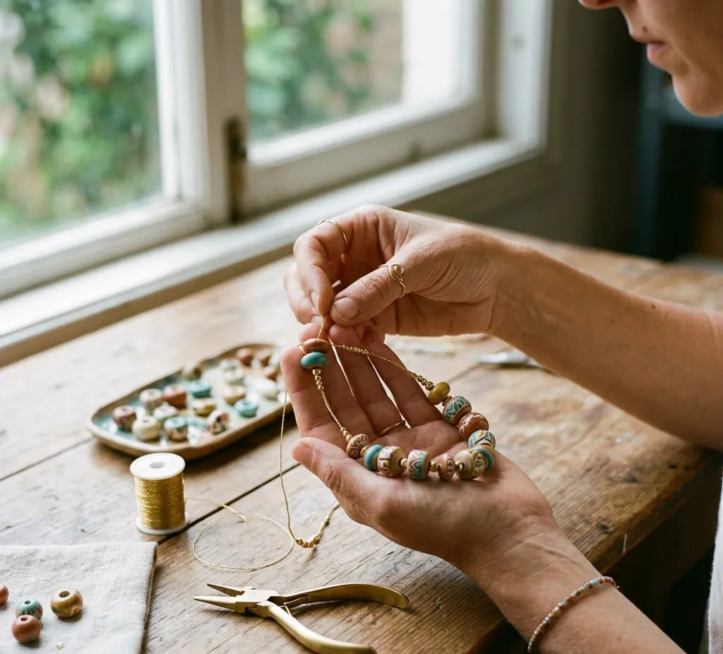 Manos de una artesana ensamblando un collar con cuentas de cerámica y detalles en hilo dorado, con luz natural entrando por una ventana.