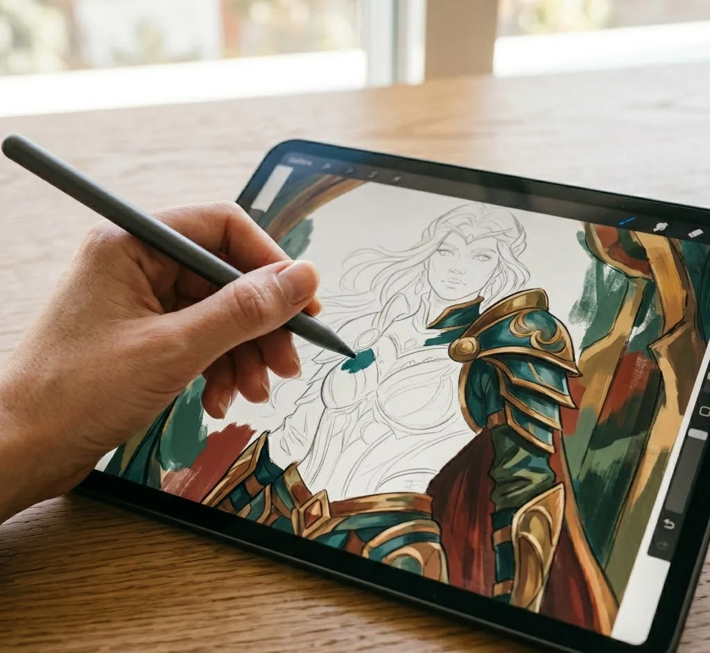 Primer plano de una mano sosteniendo un stylus dibujando un personaje detallado en una tablet, mostrando la diferencia entre las líneas de boceto y el color final en la pantalla.