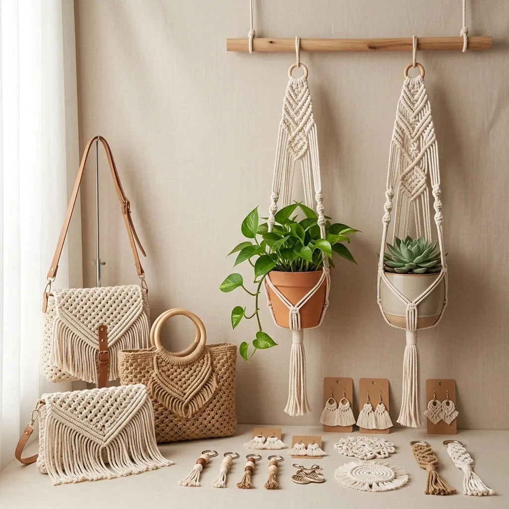 Composición de diversos productos de macramé listos para la venta, incluyendo porta macetas, bolsos tejidos y accesorios pequeños, sobre un fondo neutro y elegante.