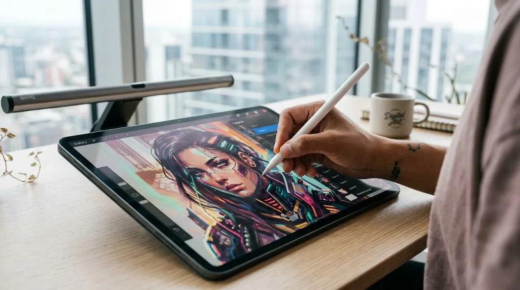 Vista en perspectiva de una mano sosteniendo un Apple Pencil y aplicándolo sobre la pantalla de un iPad Pro, que muestra una ilustración digital de un retrato detallado. Al lado, se ve un monitor secundario y un teclado en un escritorio minimalista con luz natural.