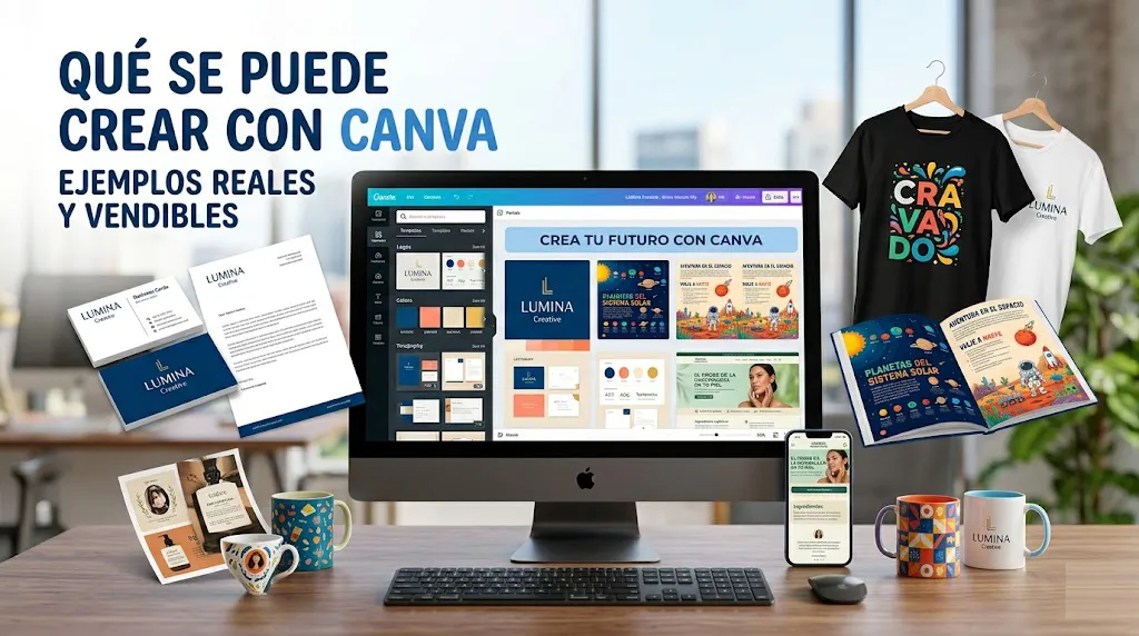Una composición profesional y limpia sobre un escritorio de madera que muestra diversos productos creados con Canva: un monitor con la interfaz del software, un smartphone con una landing page, tarjetas de visita, hojas membretadas, tazas personalizadas, camisetas con diseños gráficos y un eBook educativo abierto.