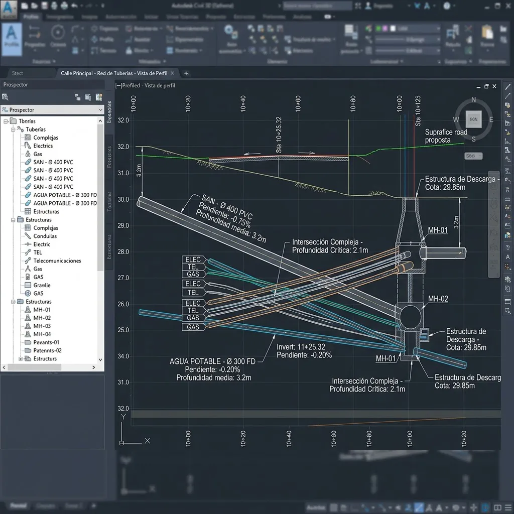 Modelo de infraestructura urbana en Civil 3D mostrando una red de tuberías subterráneas entrecruzadas con etiquetas de pendiente y profundidad en una vista de perfil.