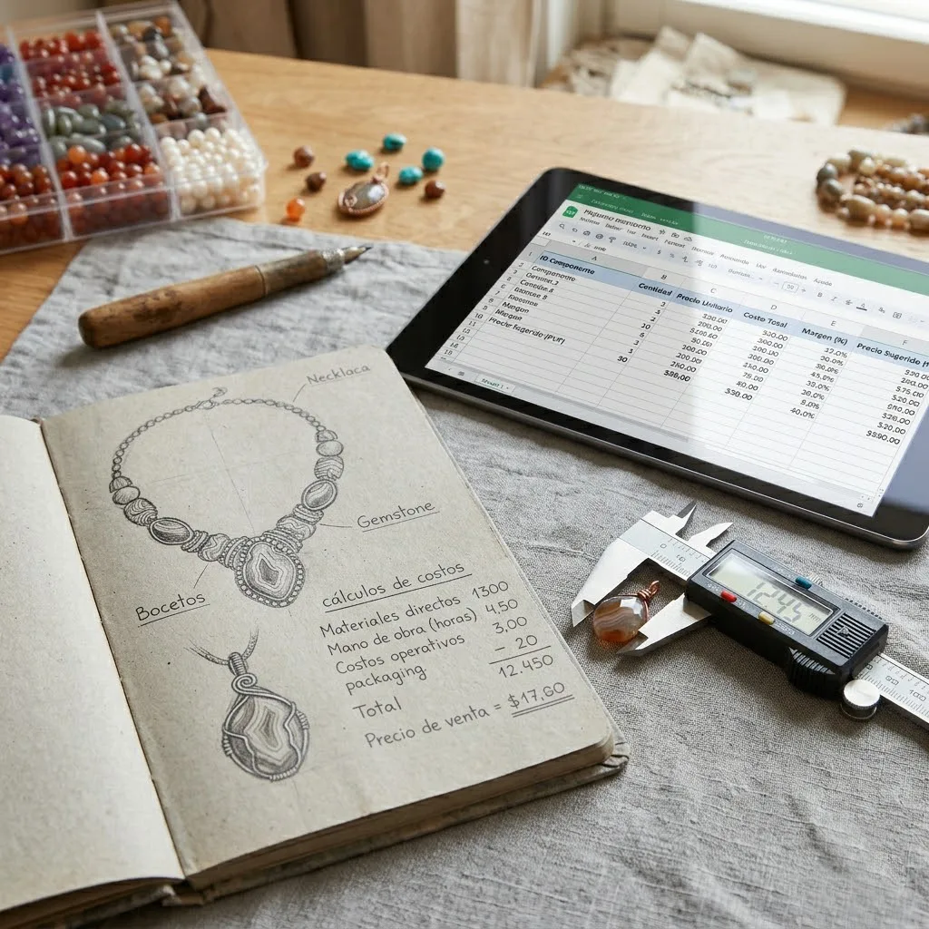 Primer plano de una libreta de notas con bocetos de joyas y cálculos de costos, junto a una tablet que muestra una hoja de cálculo y un calibrador digital midiendo una pieza.
