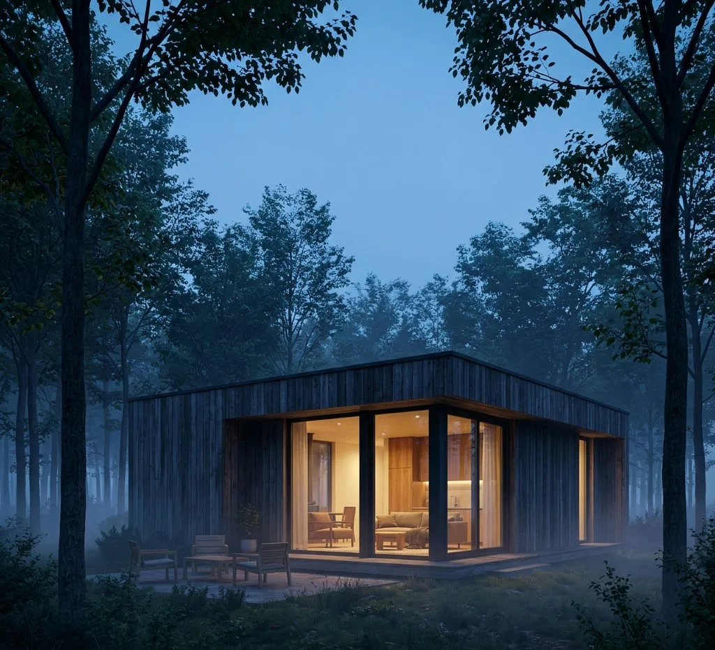 Un render de una vivienda moderna en un entorno boscoso durante la hora azul. La luz cálida del interior contrasta con el tono frío del exterior, y se percibe niebla baja entre los árboles, evocando una sensación de refugio y serenidad.