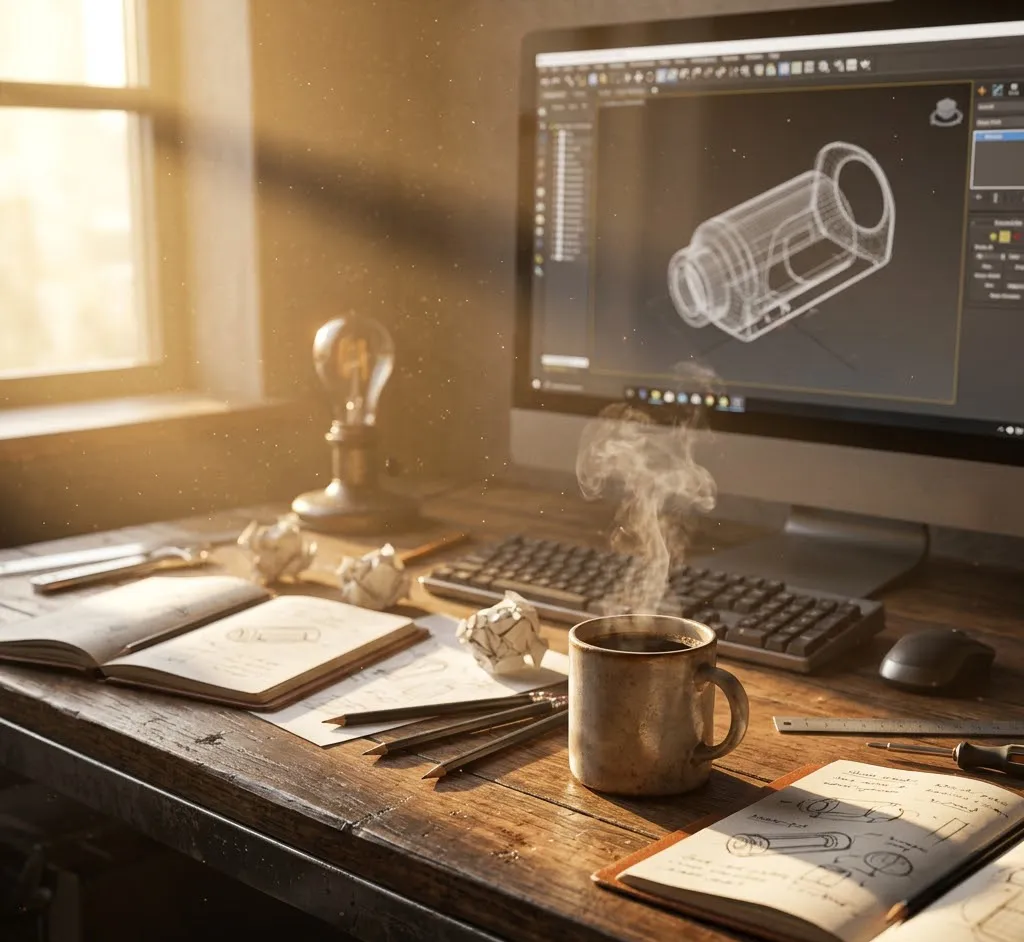 Un render de un escritorio de diseño industrial con iluminación lateral cálida, donde se aprecia polvo suspendido en los rayos de luz y una taza de café humeante, creando una atmósfera de trabajo real y humana.