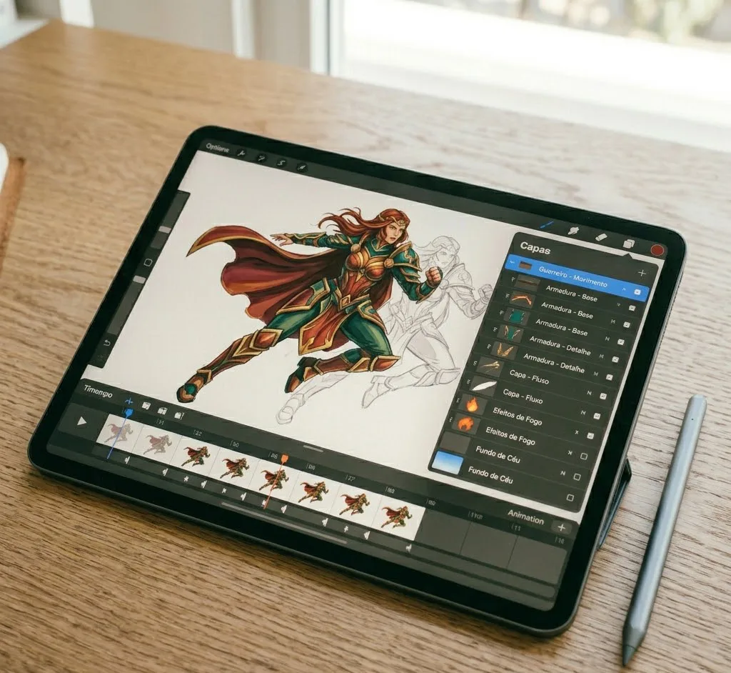 Una tableta negra sobre una superficie de madera, mostrando en pantalla la línea de tiempo y capas organizadas de una animación de un personaje de guerrera en movimiento.