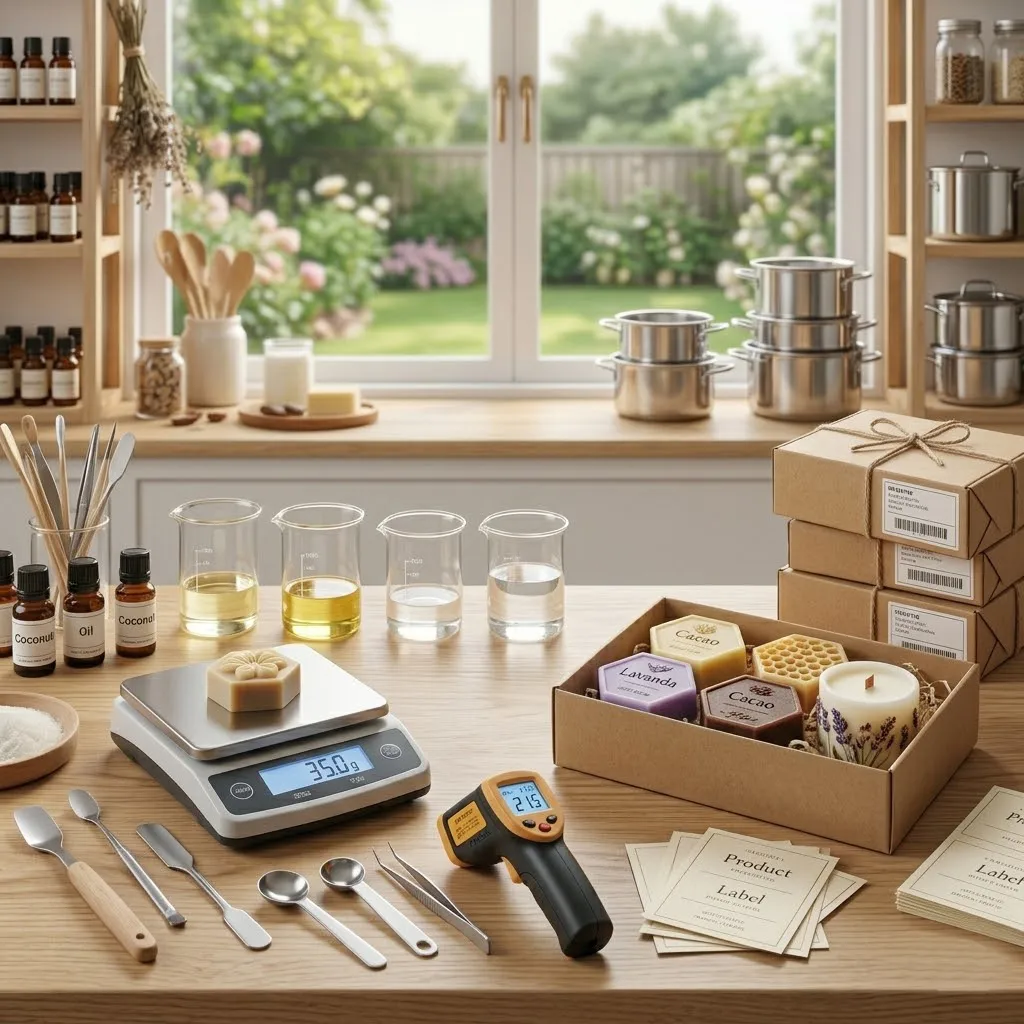 Una mesa de trabajo de un artesano muy organizada, con herramientas de precisión, termómetros y una zona de etiquetado donde se ven productos listos para ser enviados a clientes.