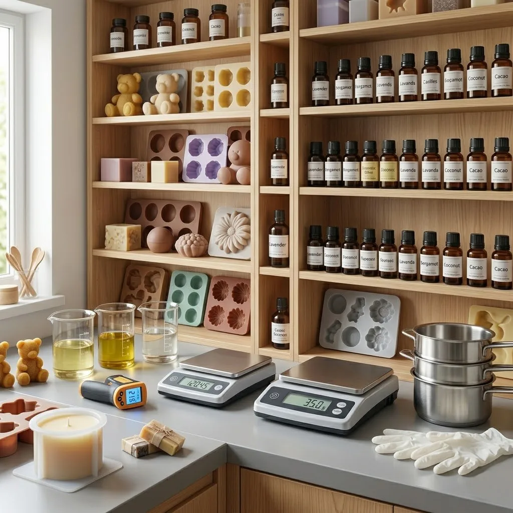 Un espacio de trabajo organizado con estanterías llenas de aceites esenciales en frascos de vidrio ámbar, balanzas digitales de precisión, termómetros láser y una variedad de moldes de silicona para jabones y velas.