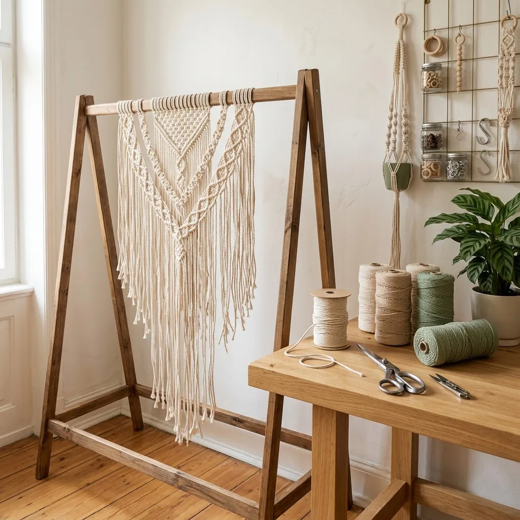 Un espacio de trabajo organizado y luminoso con diferentes rollos de cordón de algodón, tijeras profesionales y un rack de madera con un tapiz de macramé a medio terminar.