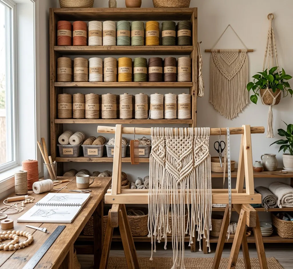 Espacio de trabajo de un profesional del macramé con bobinas de hilo de colores tierra ordenadas en estanterías y un proyecto a medio terminar en un burro de madera.