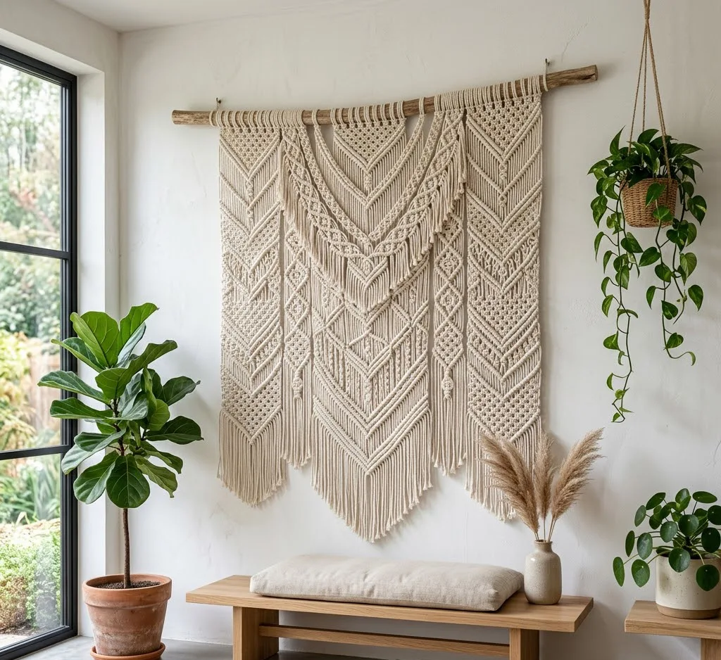 Un tapiz de macramé de gran formato con patrones geométricos complejos colgado en una pared blanca de estilo minimalista con plantas naturales alrededor.