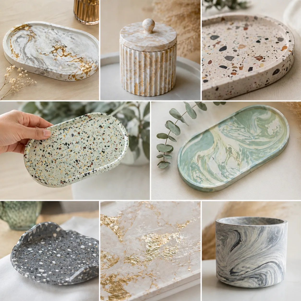 Collage de piezas decorativas de concreto con acabados marmoleados, efecto piedra, terrazo y detalles en dorado, mostrando bandejas, recipientes y objetos con diseños modernos y artísticos.