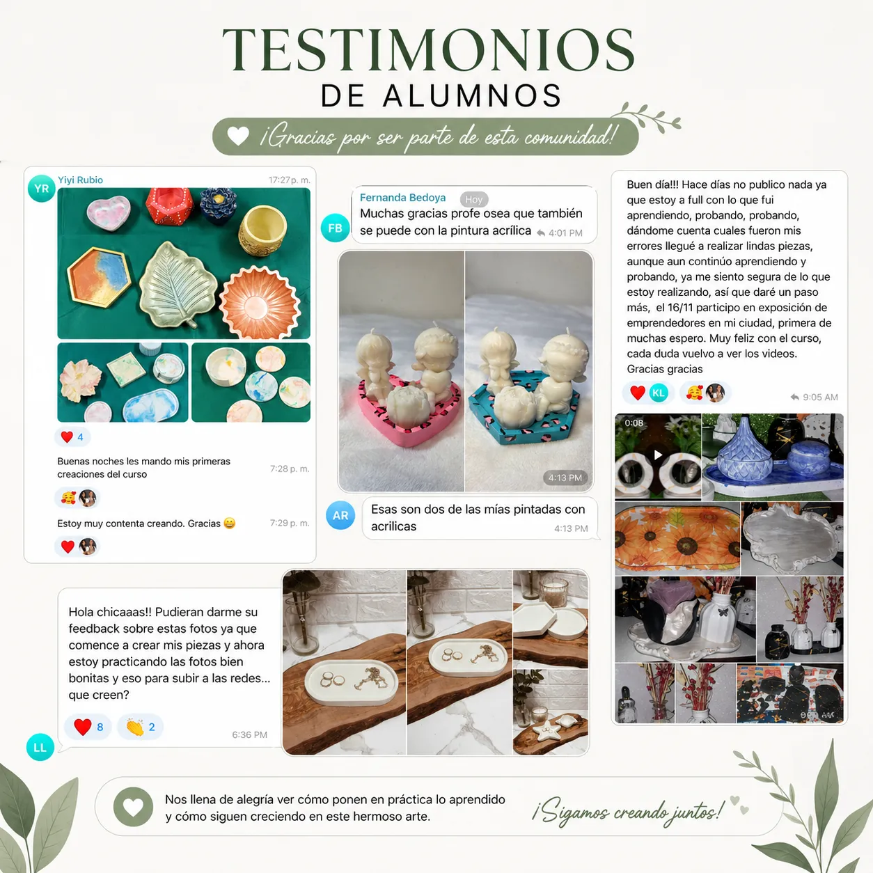 Collage de testimonios de alumnos mostrando capturas de mensajes y fotos de piezas artesanales en concreto decorativo, incluyendo bandejas, figuras y objetos pintados, reflejando resultados reales y satisfacción con el curso.