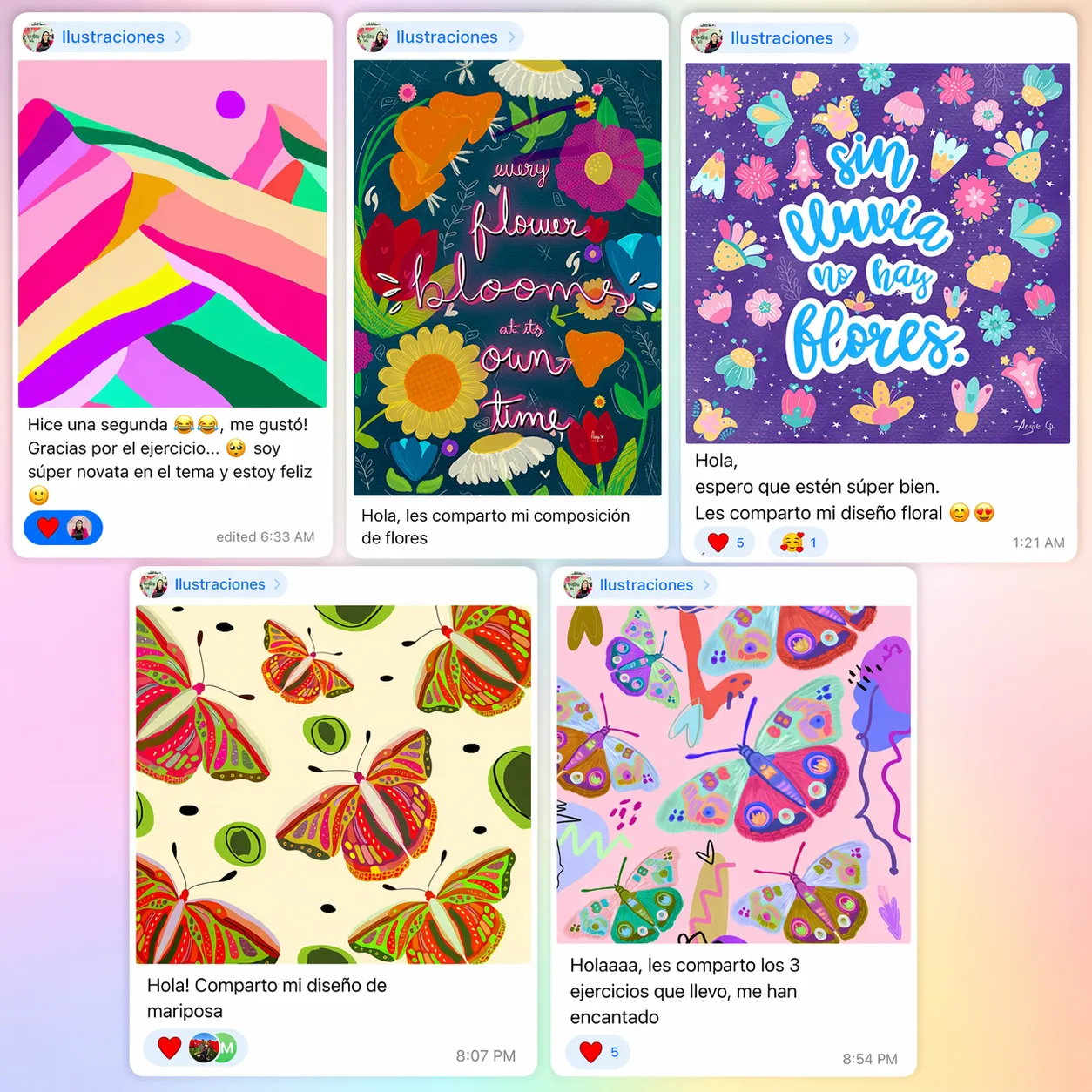 La imagen muestra distintos testimonios y comentarios de alumnos del Curso Procreate, en la imagen también se pueden apreciar los distintos diseños y creaciones que los alumnos comparten.