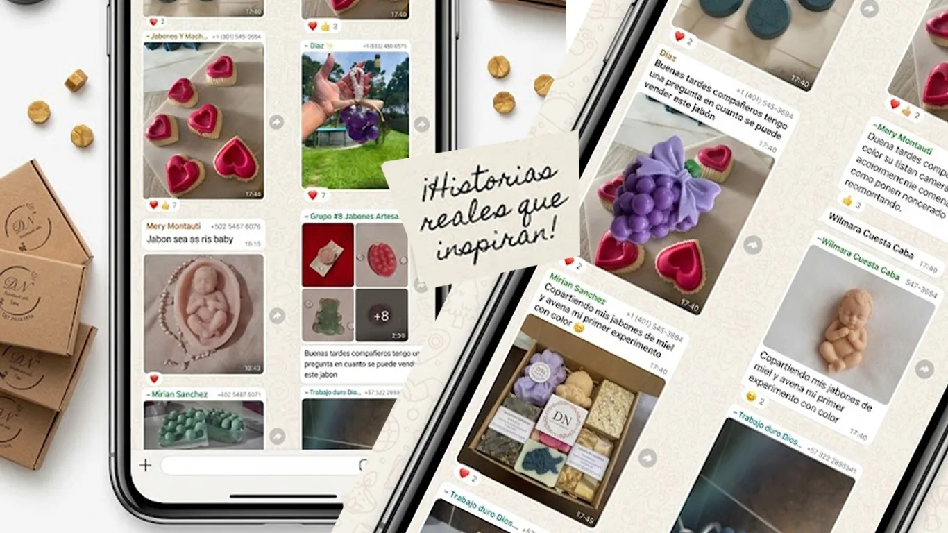 Imagen que muestra diversos testimonios de alumnos con imágenes mostrando sus propias creaciones como parte del proceso de estudio del Curso Velas y Jabones Artesanales.