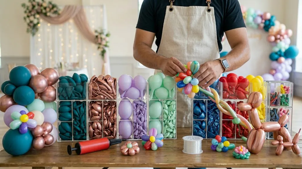 Composición profesional que muestra diversos tipos de globos: látex de alta gama, globos de modelado y figuras estructurales en una mesa de trabajo de un decorador.