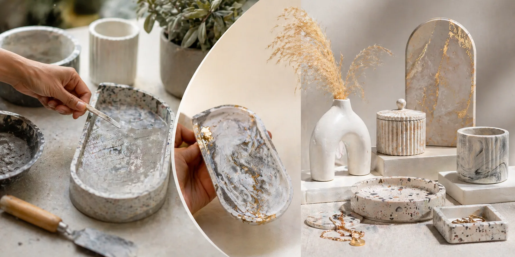 Banner que muestra el proceso de creación de piezas en concreto decorativo, desde el trabajo manual con herramientas hasta una colección de objetos terminados con acabados marmoleados, terrazo y detalles elegantes en un entorno moderno.
