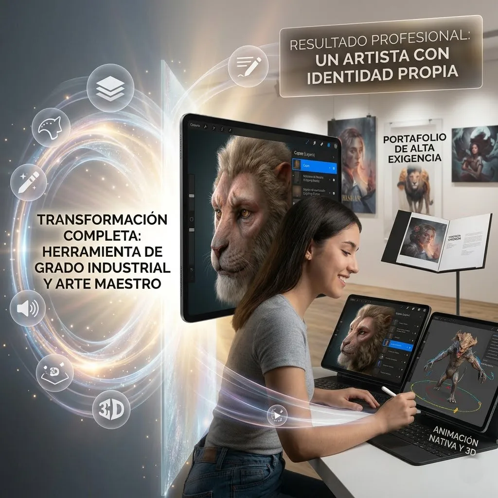 Ilustración que muestra la evolución de una artista: desde bocetos básicos hasta el dominio de herramientas avanzadas en Procreate como capas, pintura 3D, animación y un portafolio profesional de alta exigencia.