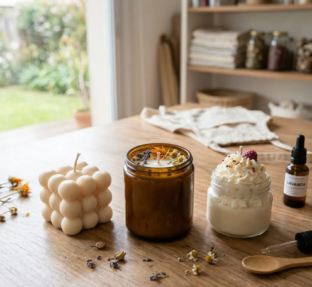 Una colección de velas artesanales que incluye una vela escultórica en forma de burbuja, una vela en frasco de vidrio con flores secas en la superficie y una vela tipo postre con textura cremosa.