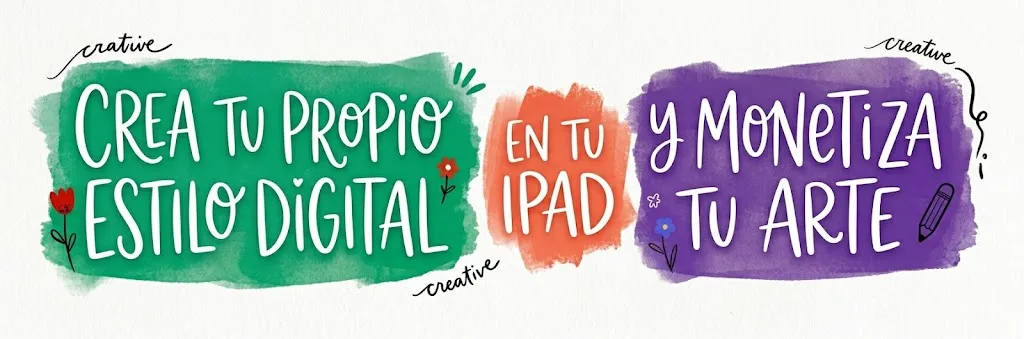Banner creativo con pinceladas de colores vibrantes y texto manuscrito que dice: Crea tu propio estilo digital en tu iPad y monetiza tu arte.