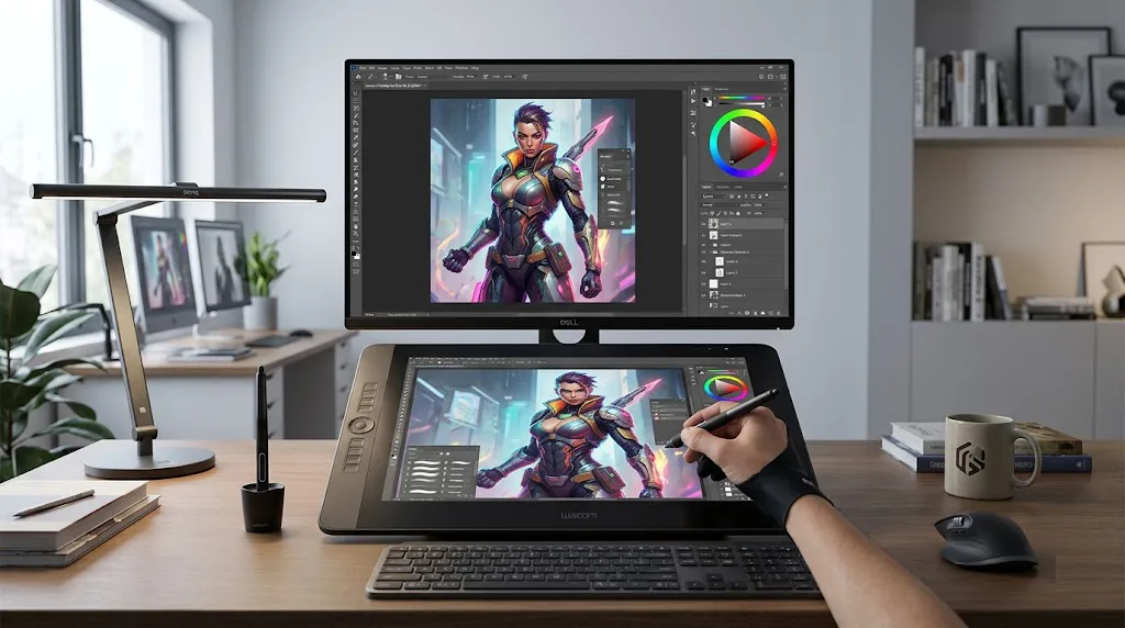 Espacio de trabajo profesional de un artista digital con una tableta gráfica Wacom Cintiq y un monitor secundario, mostrando una ilustración detallada de un personaje tipo cyberpunk y herramientas de software de diseño en un escritorio de madera.