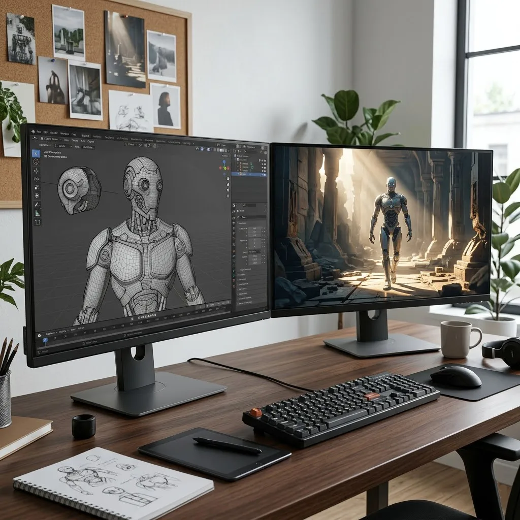 Un espacio de trabajo de un diseñador con dos monitores; uno muestra un software de modelado 3D en malla y el otro la imagen final renderizada con una narrativa visual coherente y artística.