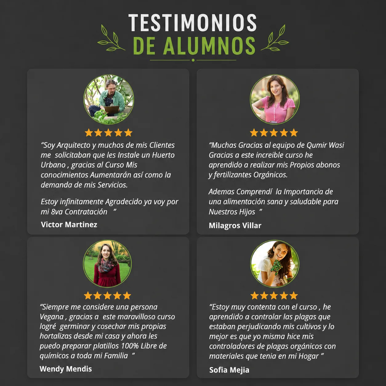 Imagen que muestra los distintos testimonios de alumnos del curso Huertos Orgánicos Premium.