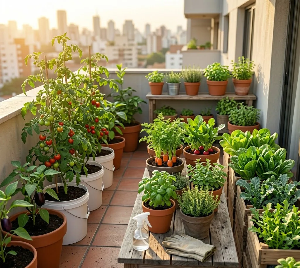 Vista en perspectiva de un balcón urbano iluminado por el sol de la mañana con diferentes variedades de hortalizas dispuestas según su requerimiento de luz.