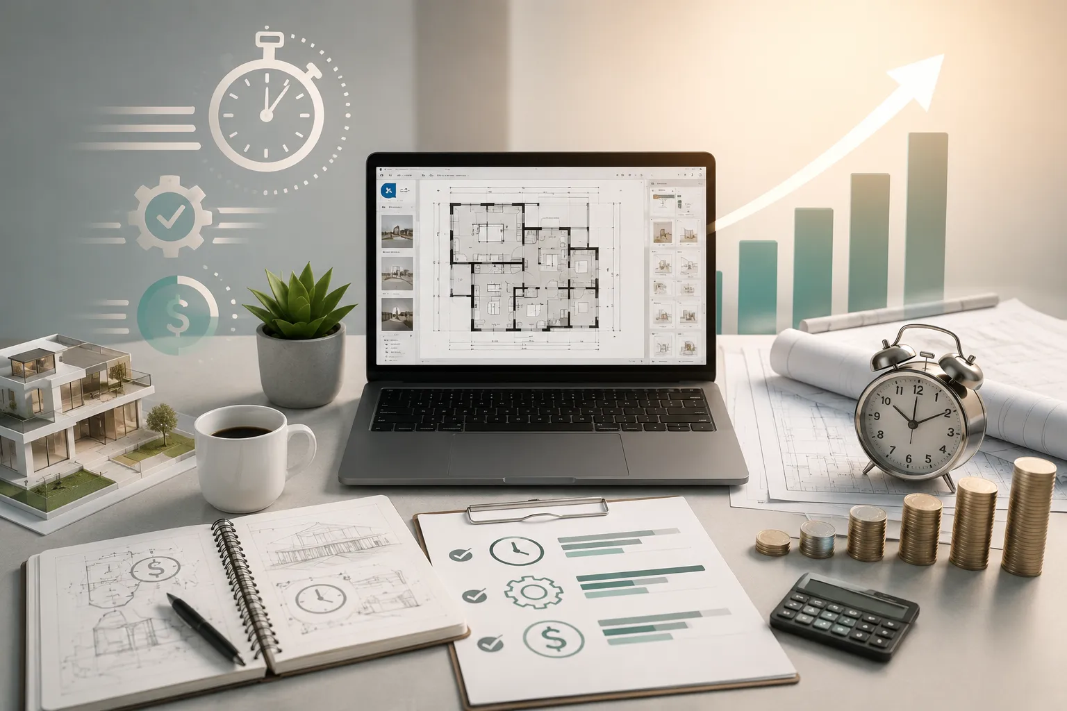Espacio de trabajo moderno con planos arquitectónicos, laptop con documentación técnica, gráficos de crecimiento y elementos de productividad que representan el retorno de inversión y la optimización del tiempo con LayOut SketchUp.