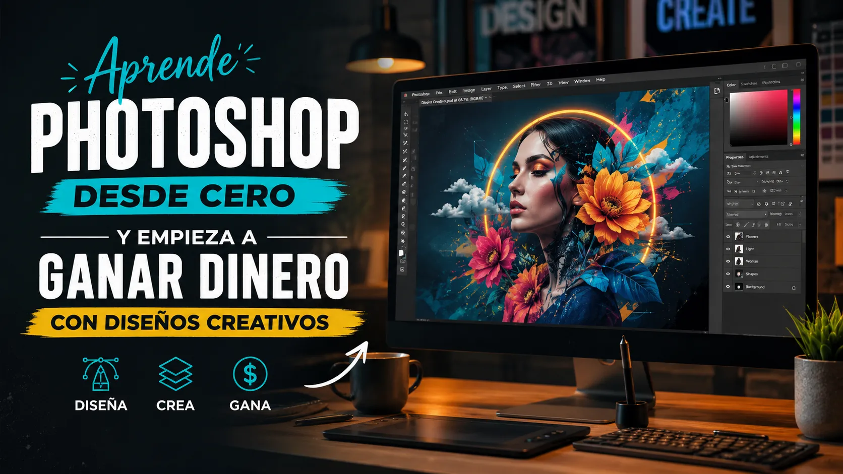 Espacio de trabajo creativo con Photoshop abierto en una pantalla mostrando un diseño artístico vibrante y texto promocional sobre aprender Photoshop desde cero para ganar dinero con diseños creativos.