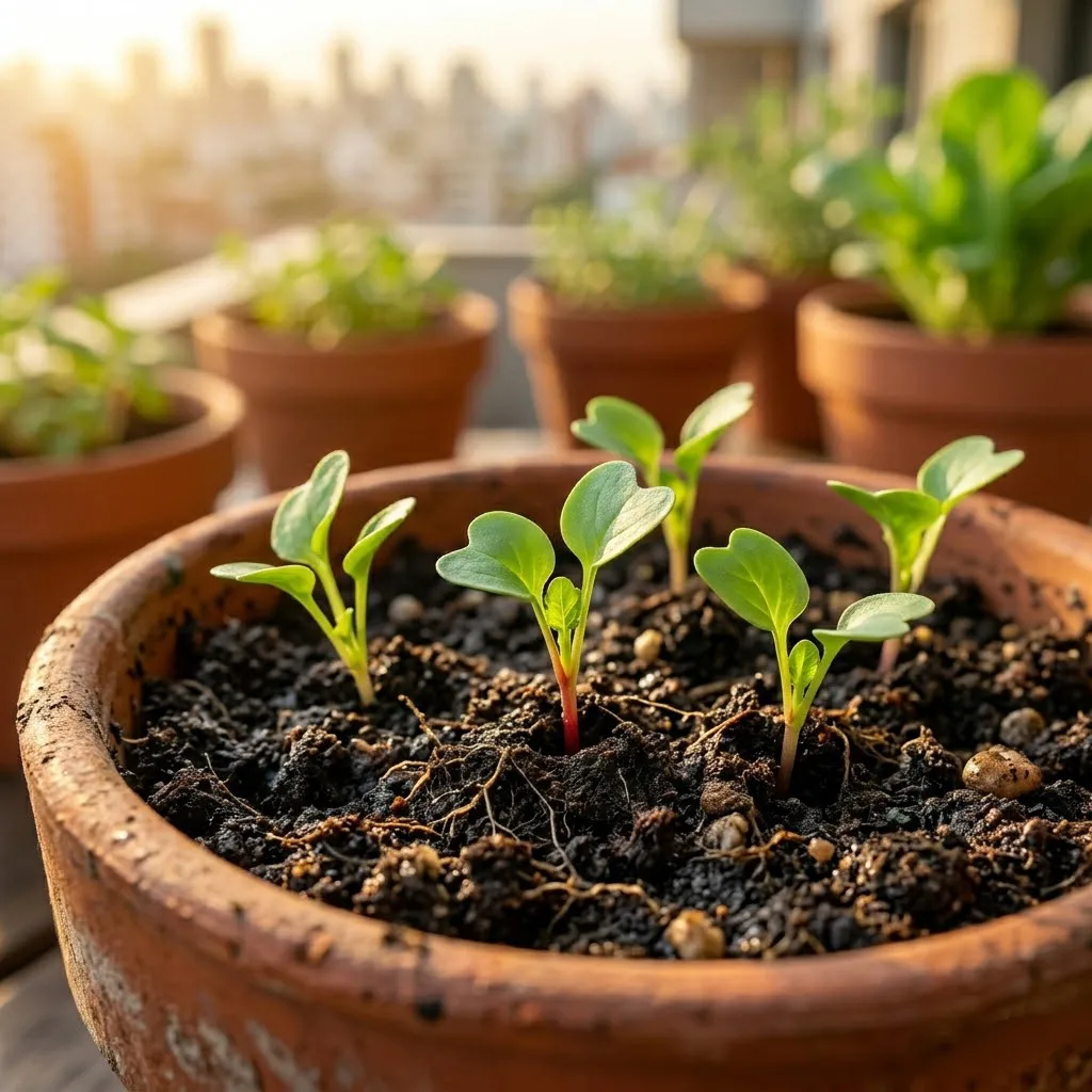 Primer plano de brotes verdes y sanos de plantas de rábano emergiendo de un sustrato poroso y oscuro dentro de un contenedor.