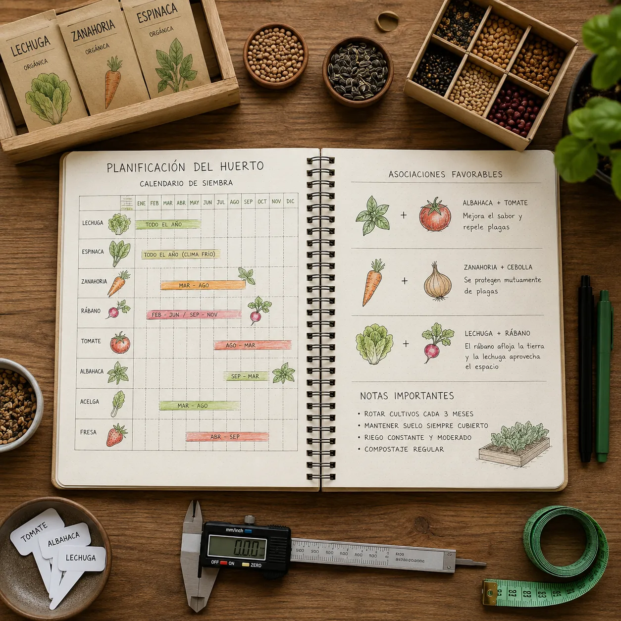 Vista superior de un cuaderno de planificación agrícola abierto sobre una mesa de madera limpia, mostrando un calendario estructurado con bocetos de plantas, rodeado de semillas orgánicas seleccionadas y herramientas de medición de precisión.