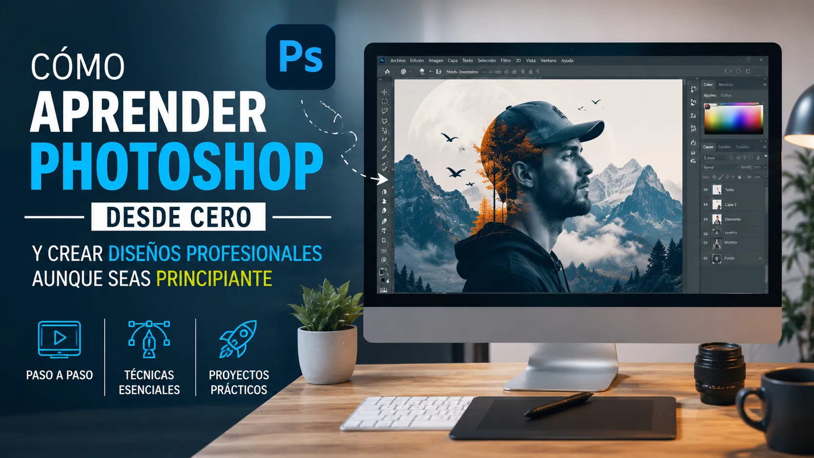 Diseñador aprendiendo Photoshop desde cero en una computadora de escritorio con interfaz profesional y composición artística moderna en pantalla.