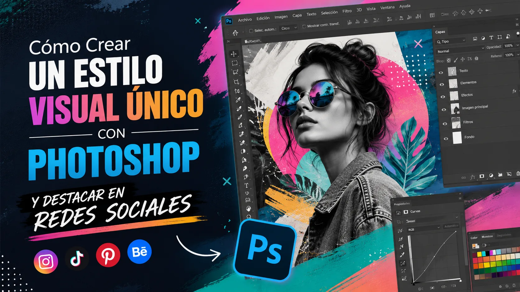 Diseñadora creando un estilo visual único en Photoshop con composición moderna y elementos para redes sociales en una imagen colorida y creativa.