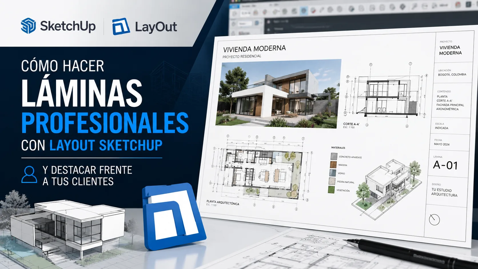 Lámina profesional de arquitectura creada con LayOut y SketchUp mostrando planos técnicos, renders y presentación visual moderna para clientes.